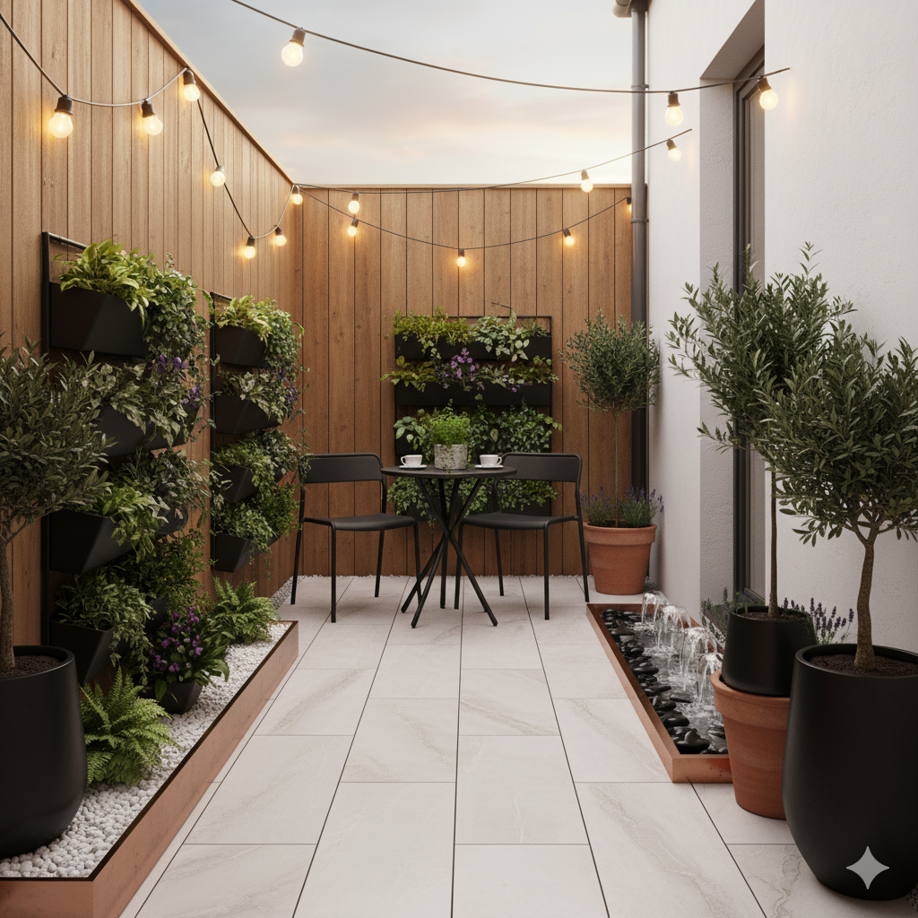 A narrow courtyard patio paved with light tiles, featuring vertical planters, a small café table for two, and hanging lights draped across a wooden fence.