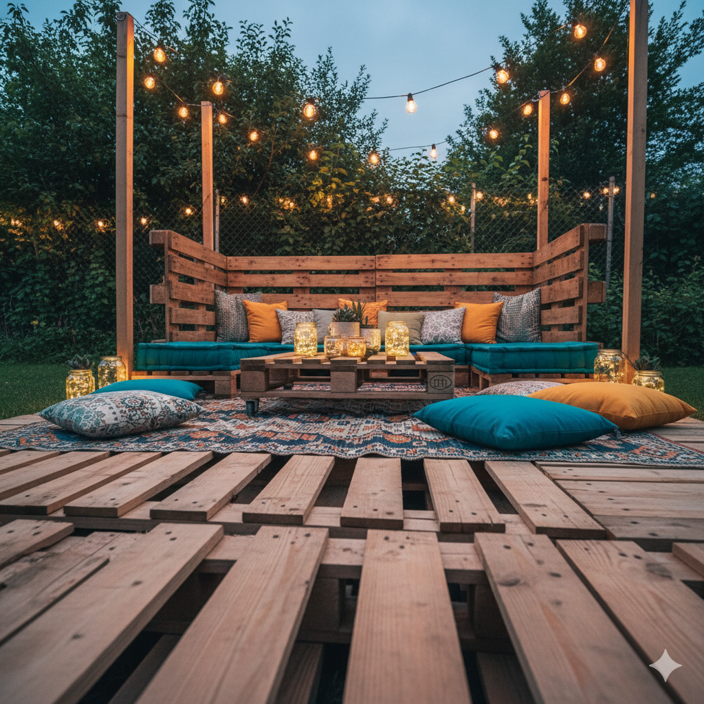 A small backyard patio made of recycled wooden pallets with a soft outdoor rug, colorful cushions, and hanging lanterns for a cozy weekend lounge.
