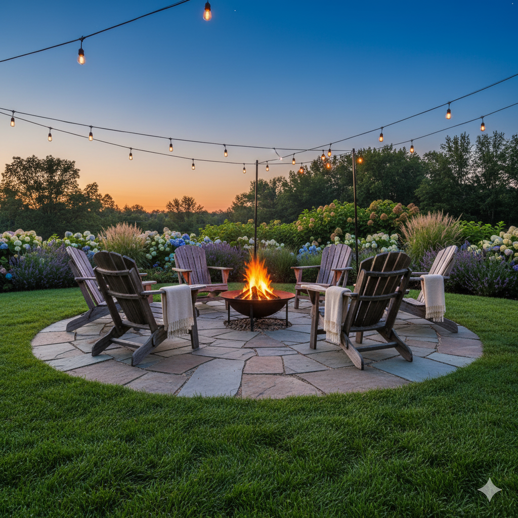 A circular stone patio surrounded by lush grass, featuring a small fire pit in the center and rustic wooden chairs arranged around it.