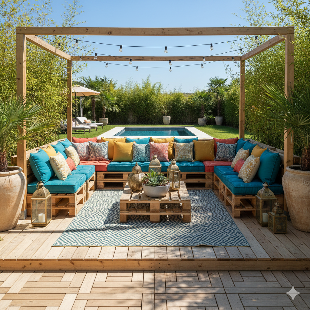 A small backyard patio made of recycled wooden pallets with a soft outdoor rug, colorful cushions, and hanging lanterns for a cozy weekend lounge.