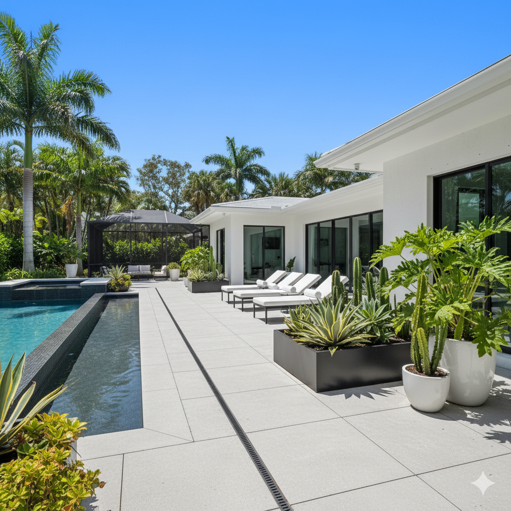 A minimalist gray concrete patio with sharp edges, black metal chairs, and clusters of succulents in rectangular planters beside a narrow water feature. Florida Home Style