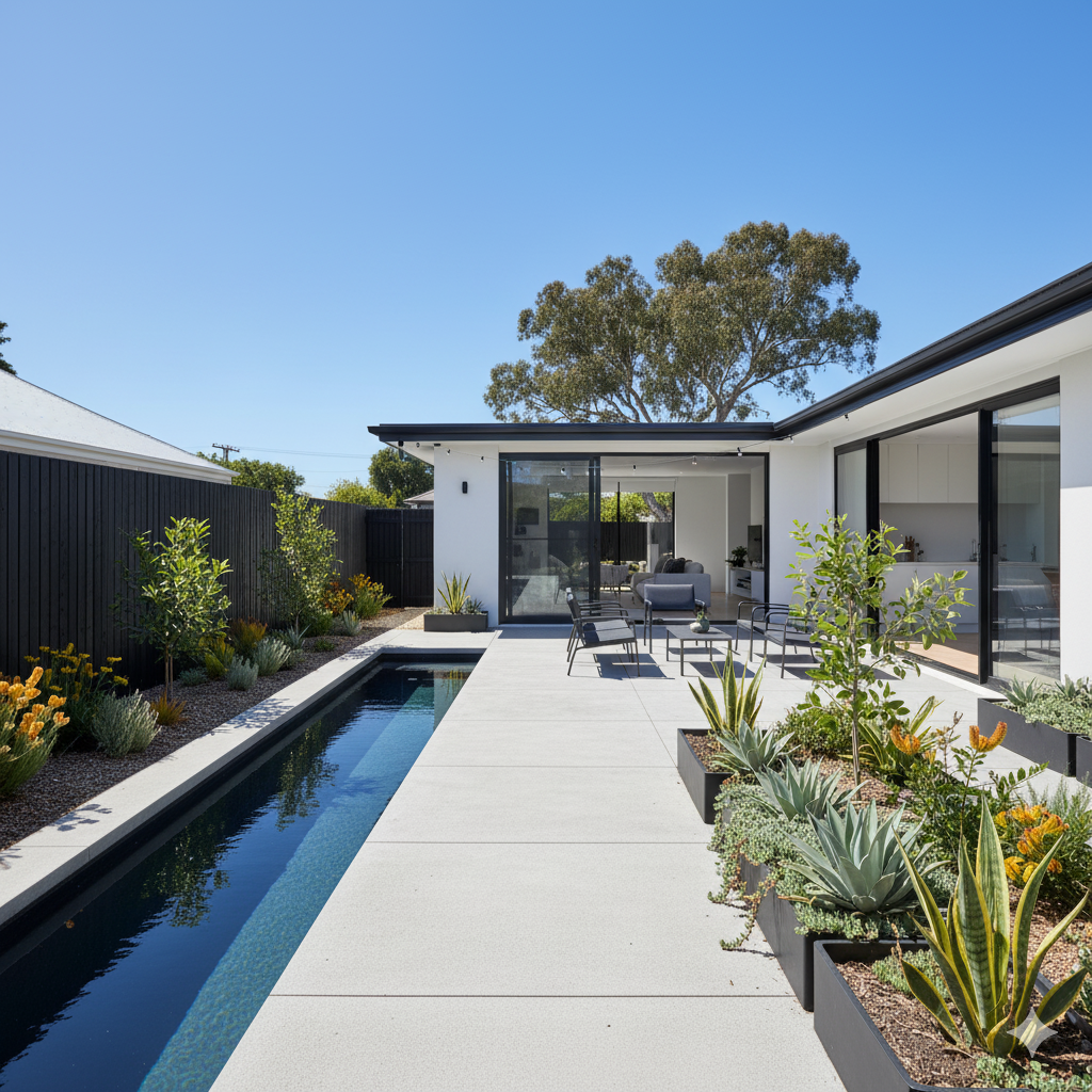 A minimalist gray concrete patio with sharp edges, black metal chairs, and clusters of succulents in rectangular planters beside a narrow water feature. Australia Home Style