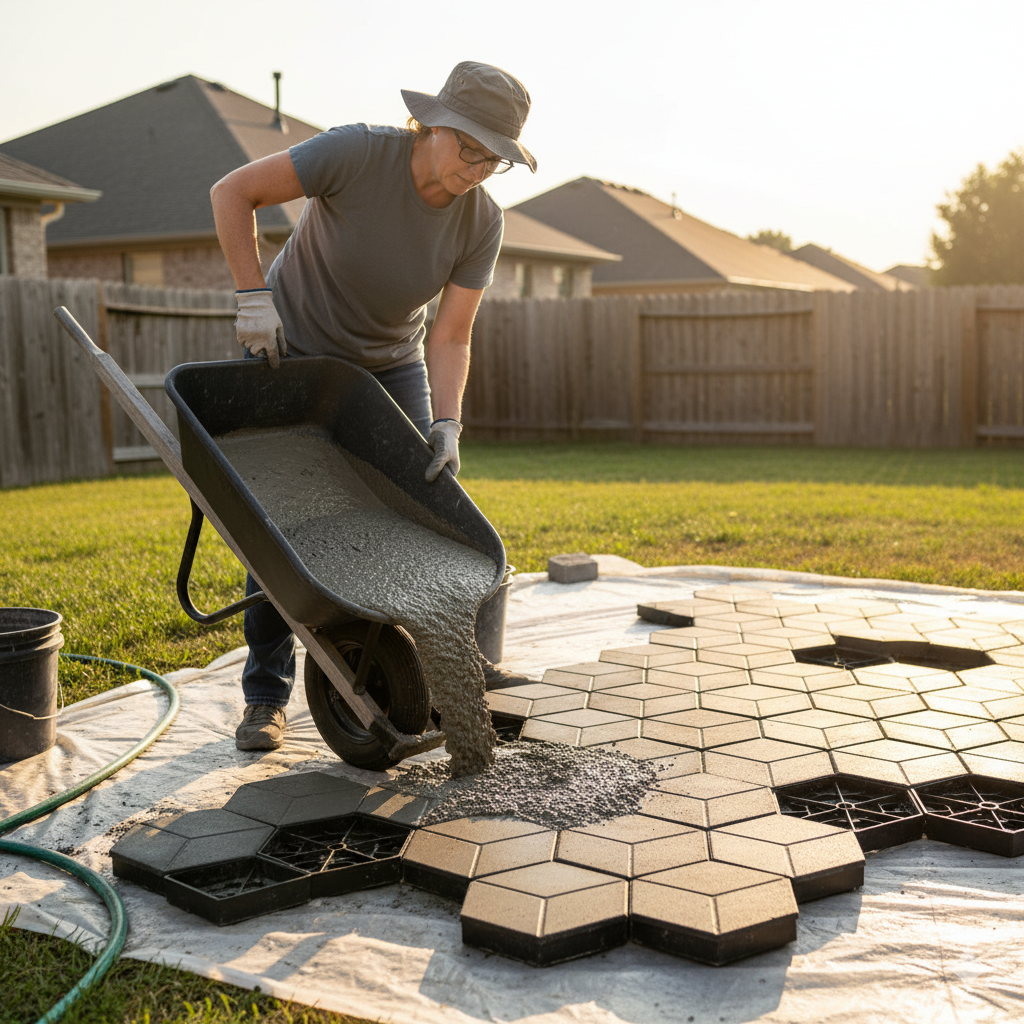 A homeowner pouring gray concrete into a patterned mold on a sunny afternoon, surrounded by freshly set sections forming a geometric patio design.