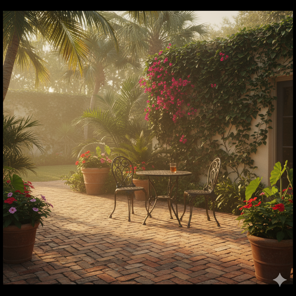 A rustic brick patio laid in a herringbone pattern, with a small wrought-iron table and climbing ivy on a nearby wall, glowing under golden afternoon light.
