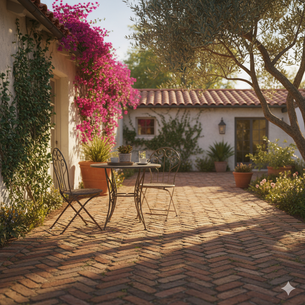 A rustic brick patio laid in a herringbone pattern, with a small wrought-iron table and climbing ivy on a nearby wall, glowing under golden afternoon light.