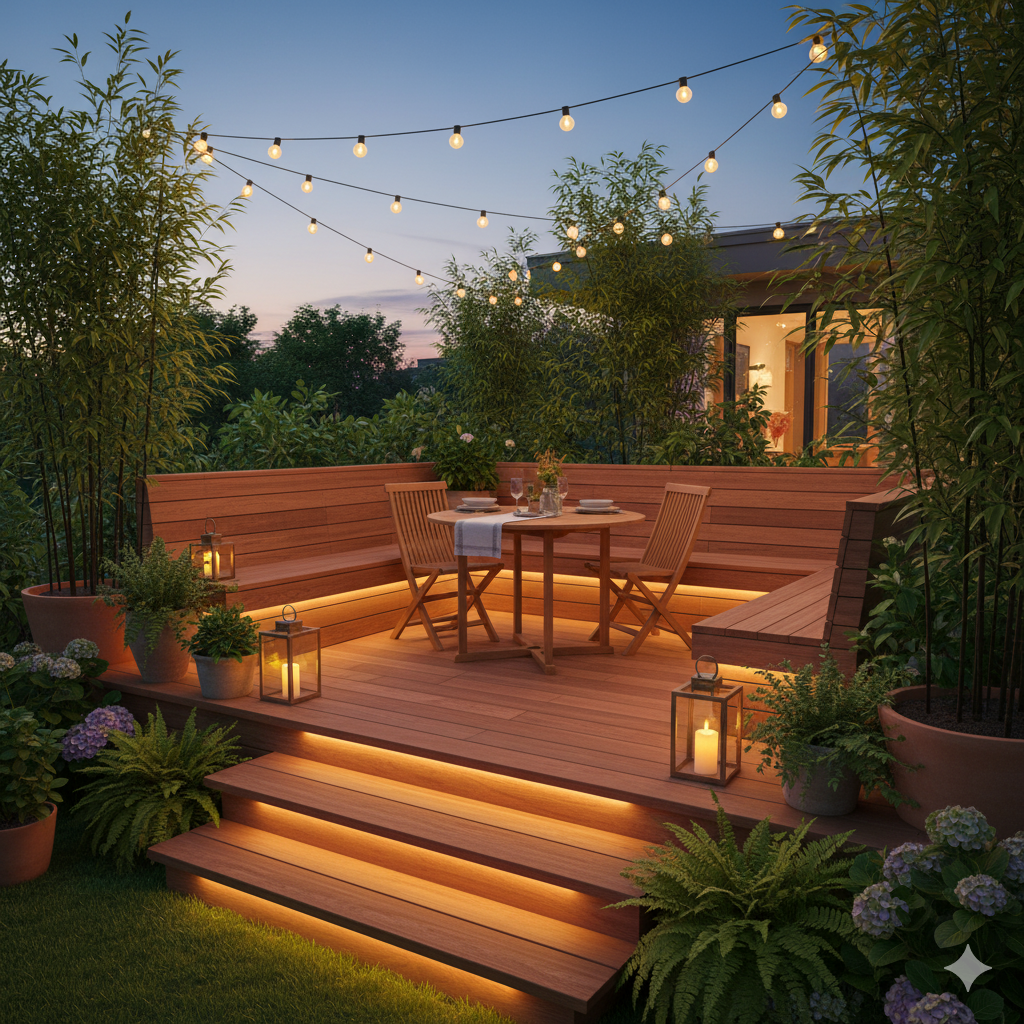 A raised wooden platform patio surrounded by greenery, featuring built-in benches, soft lighting along the stairs, and a small dining table at the center.