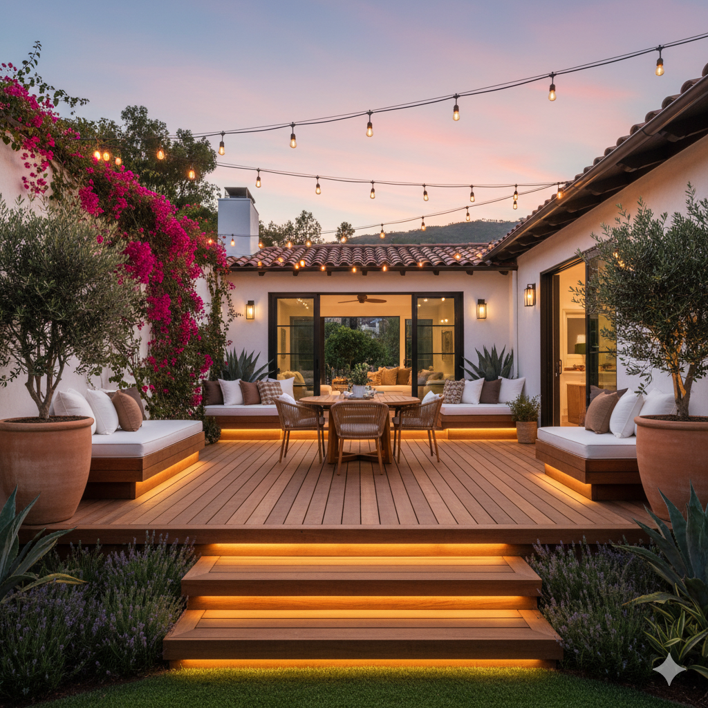 A raised wooden platform patio surrounded by greenery, featuring built-in benches, soft lighting along the stairs, and a small dining table at the center.
