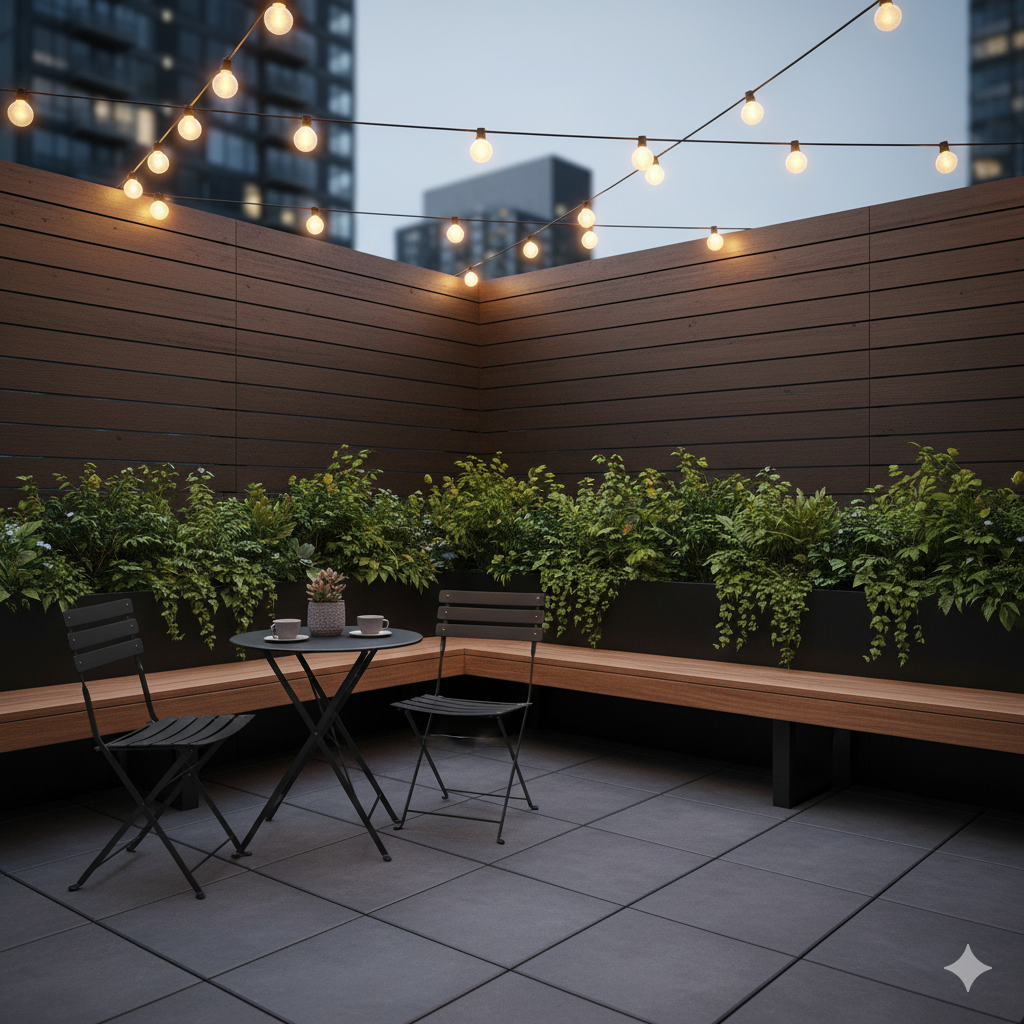 A small urban patio paved with large, matte gray tiles, featuring a bench lined with planters, a small table, and soft string lighting above.