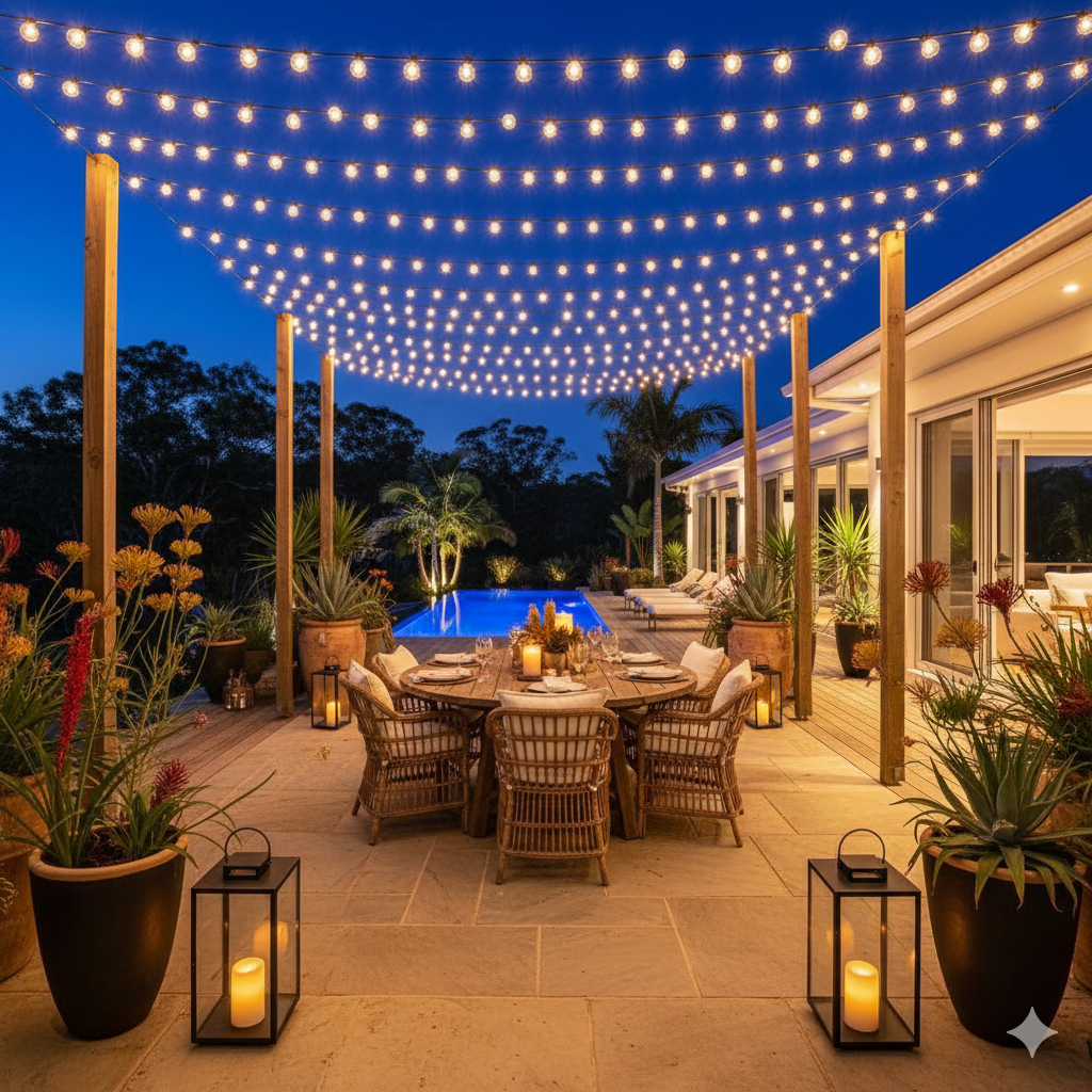 A nighttime backyard patio lit by strands of glowing string lights, with a round dining table, potted plants, and a few lanterns creating a warm, festive glow.