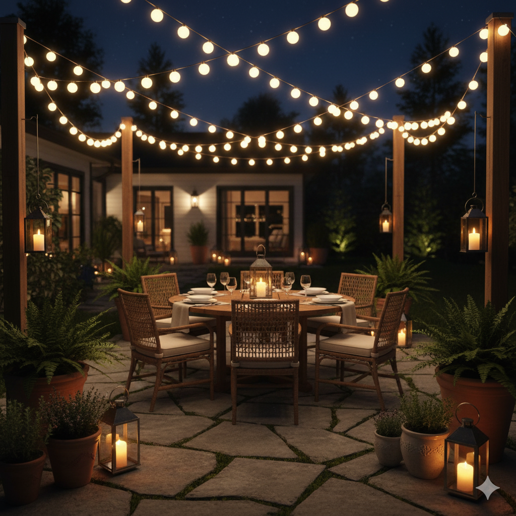 A nighttime backyard patio lit by strands of glowing string lights, with a round dining table, potted plants, and a few lanterns creating a warm, festive glow.