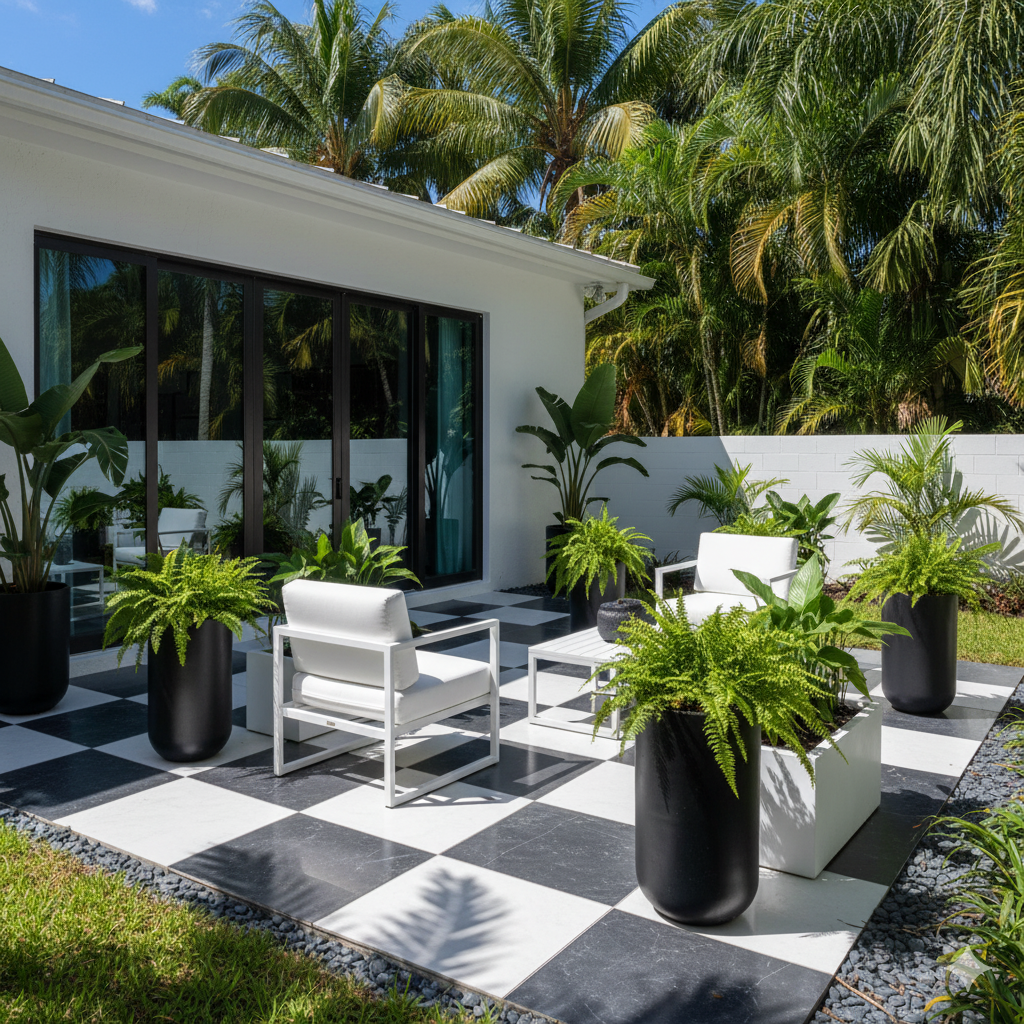 A modern black-and-white patio with a checkered tile floor, white lounge chairs, tall black planters, and a few ferns softening the sleek lines.