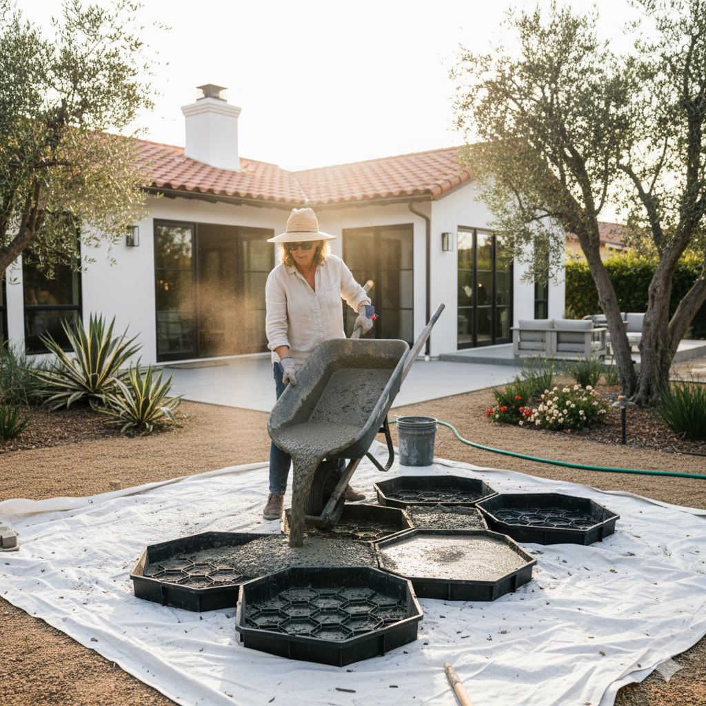 A homeowner pouring gray concrete into a patterned mold on a sunny afternoon, surrounded by freshly set sections forming a geometric patio design.