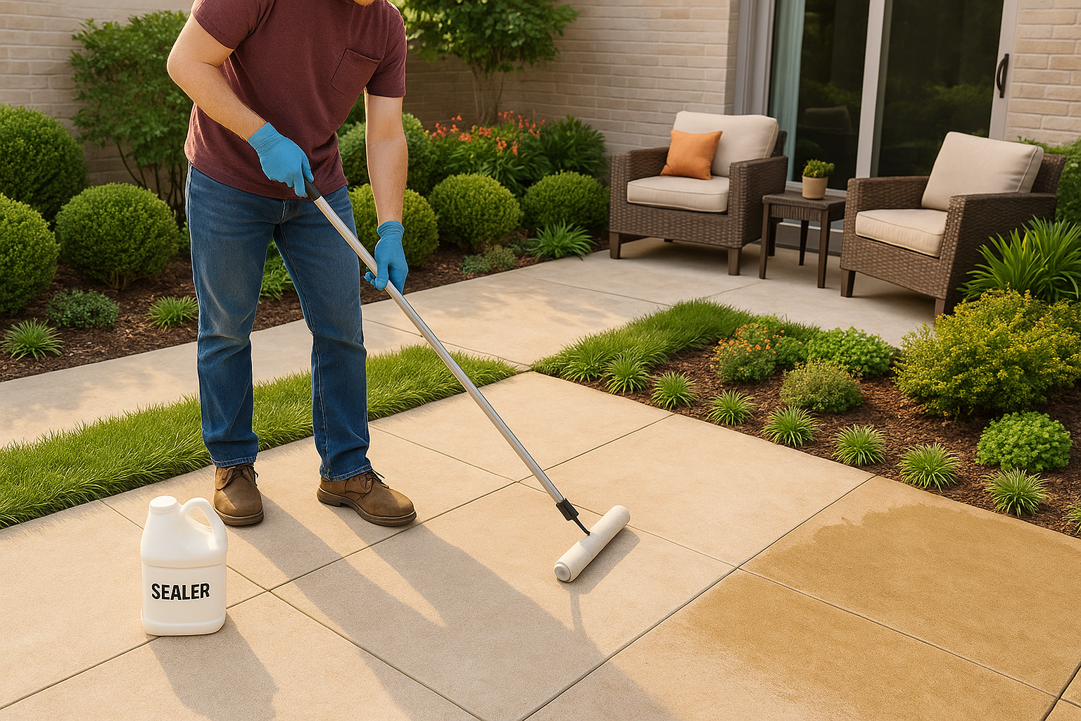 A bright backyard patio showing a homeowner applying sealer with a roller while plants, furniture, and potted flowers sit neatly arranged around the space.