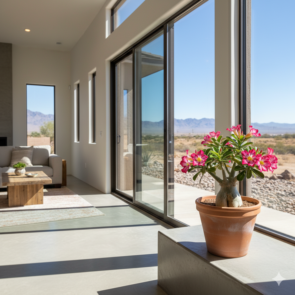 A healthy Desert Rose with glossy leaves and deep pink flowers growing in a clay pot under full sun, showcasing its thick, sculpted base and bright blooms.