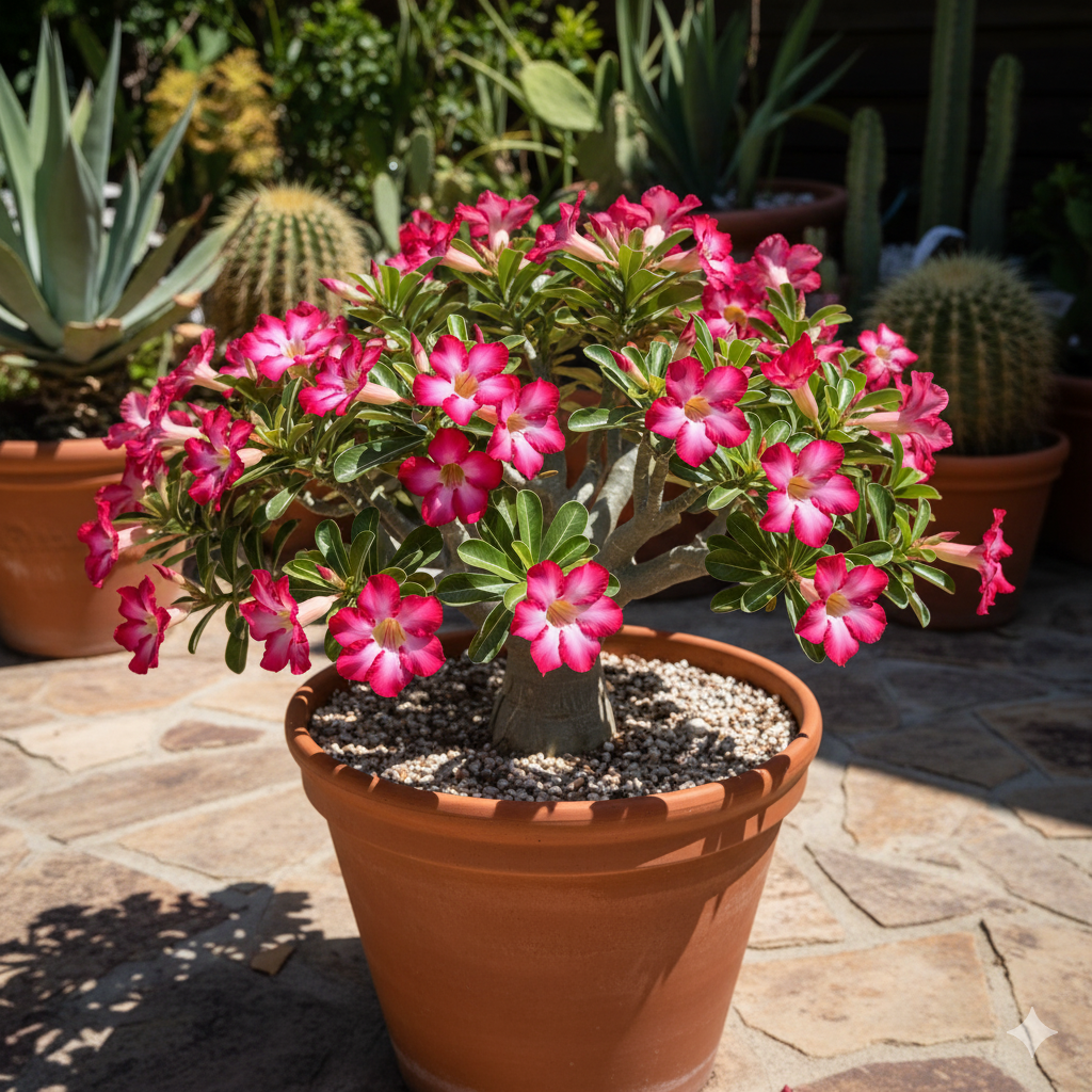A Desert Rose in full bloom on a sunny patio, its pink flowers standing out against glossy green leaves and sandy soil — a perfect example of desert beauty in a home garden.