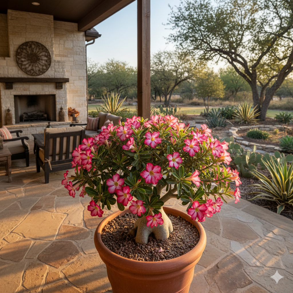 A Desert Rose in full bloom on a sunny patio, its pink flowers standing out against glossy green leaves and sandy soil — a perfect example of desert beauty in a home garden.