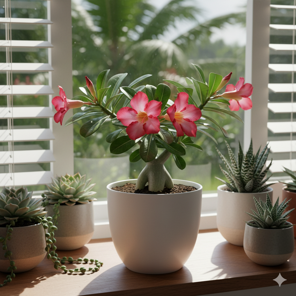 A Desert Rose in a white ceramic pot placed on a sunny windowsill indoors, surrounded by smaller succulents and reflecting light off its glossy leaves and pink blooms.