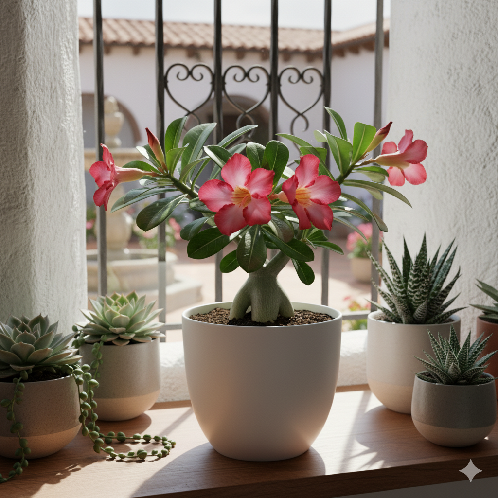 A Desert Rose in a white ceramic pot placed on a sunny windowsill indoors, surrounded by smaller succulents and reflecting light off its glossy leaves and pink blooms.