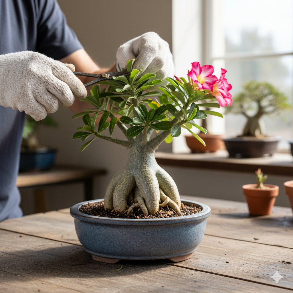 A gardener shaping a Desert Rose bonsai on a table, trimming small branches while the plant sits in a shallow ceramic pot showing its thick, exposed roots and glossy leaves.