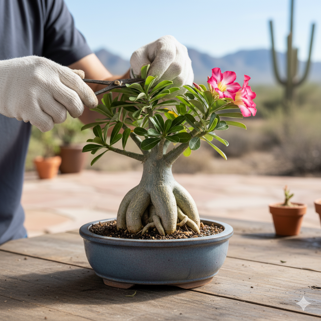 A gardener shaping a Desert Rose bonsai on a table, trimming small branches while the plant sits in a shallow ceramic pot showing its thick, exposed roots and glossy leaves.