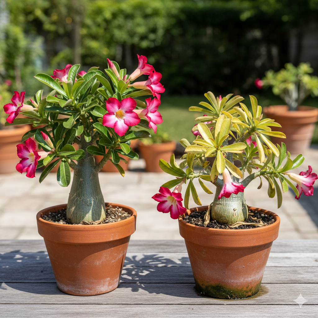 A healthy Desert Rose beside a struggling one — the healthy plant shows firm, green leaves and a thick trunk, while the overwatered one displays yellowing leaves and softened stems.