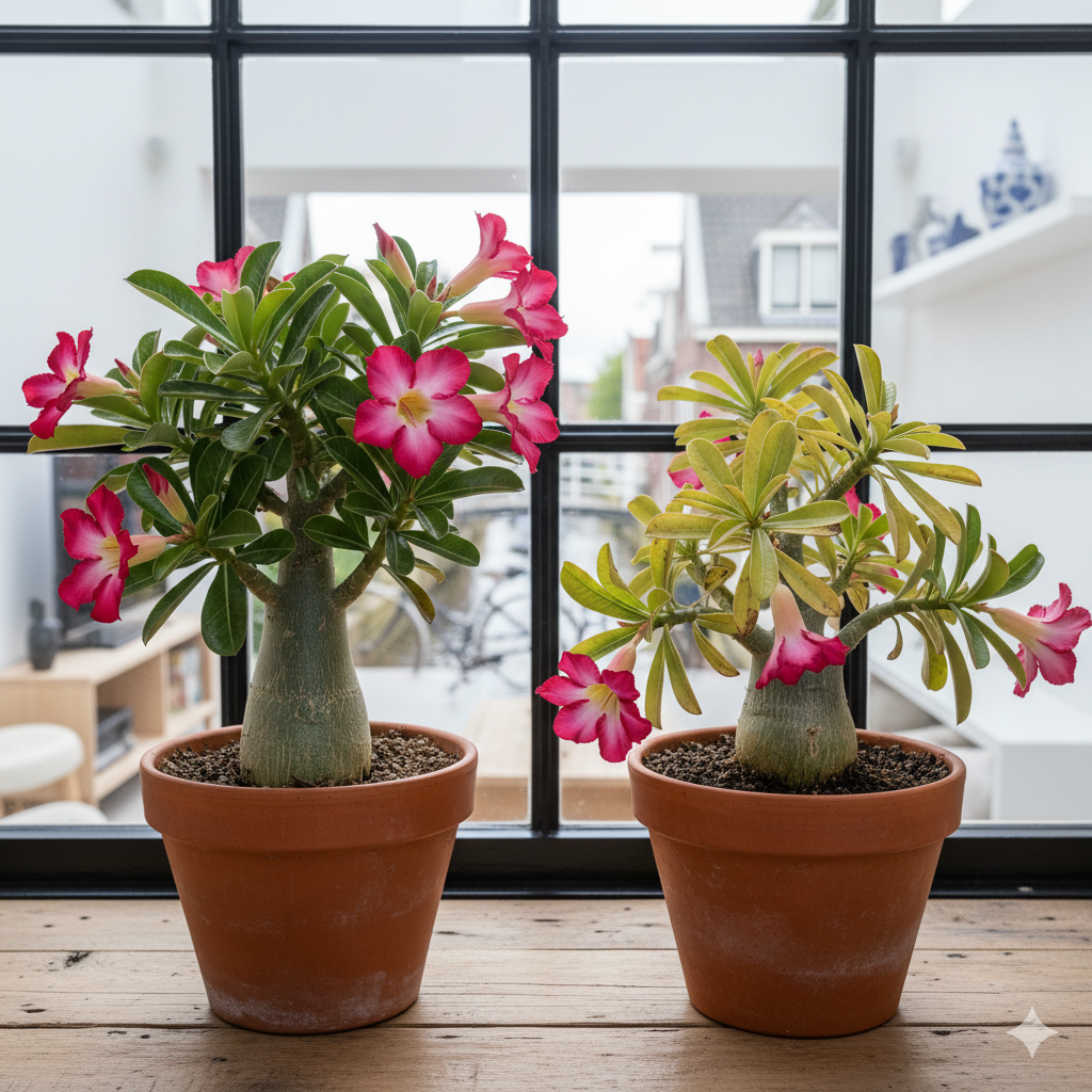 A healthy Desert Rose beside a struggling one — the healthy plant shows firm, green leaves and a thick trunk, while the overwatered one displays yellowing leaves and softened stems.