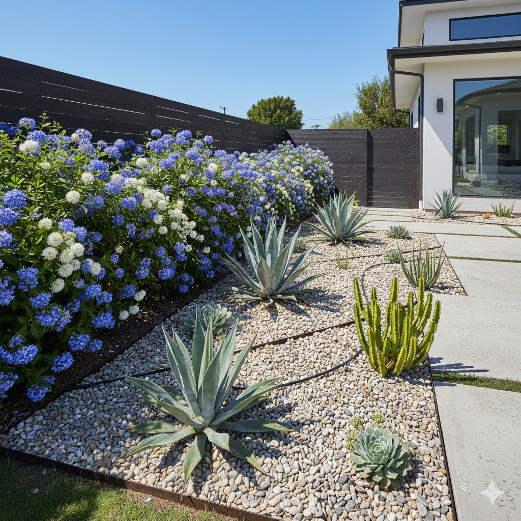 A modern front yard with a mix of succulents, gravel mulch, and a drip irrigation line running neatly beneath a row of flowering shrubs.