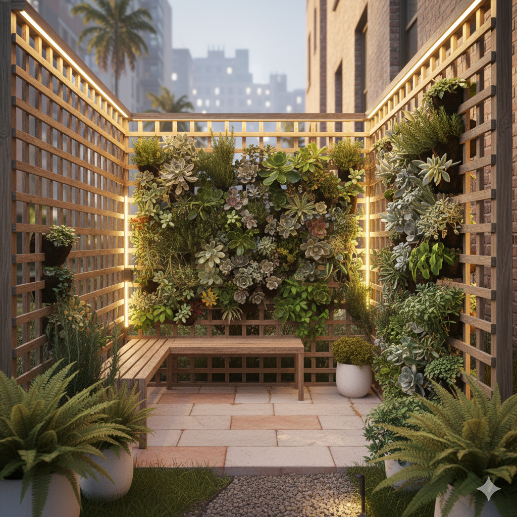 A narrow urban garden with a vertical wall of mixed succulents and herbs, framed by wooden trellises and soft LED lighting for evening charm.