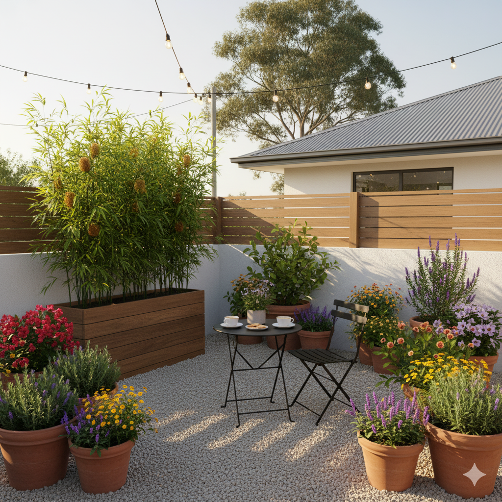 A cozy patio corner with gravel flooring, a bistro table, a potted bamboo screen, and layers of flowering pots creating a calm retreat.