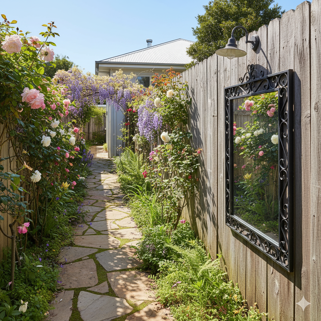 A narrow garden path lined with ferns and flowering vines, with a large mirror mounted on the fence reflecting sunlight and greenery to create depth.