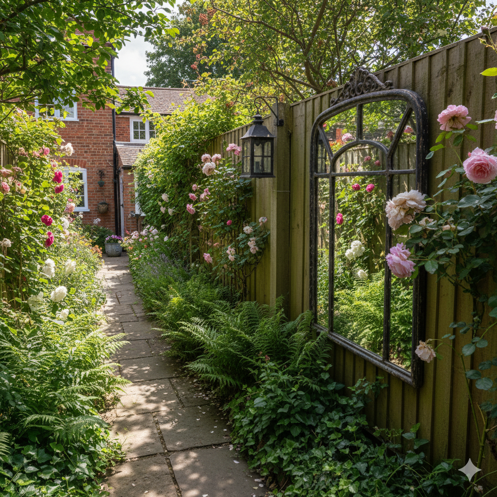 A narrow garden path lined with ferns and flowering vines, with a large mirror mounted on the fence reflecting sunlight and greenery to create depth.