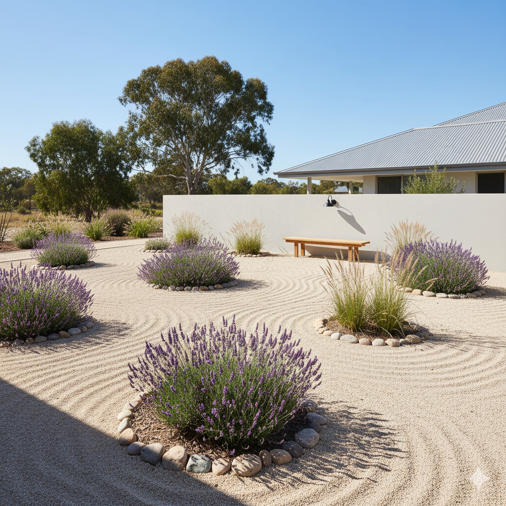A minimalist gravel garden featuring clusters of lavender and ornamental grasses, bordered by smooth river stones and a simple wooden bench.