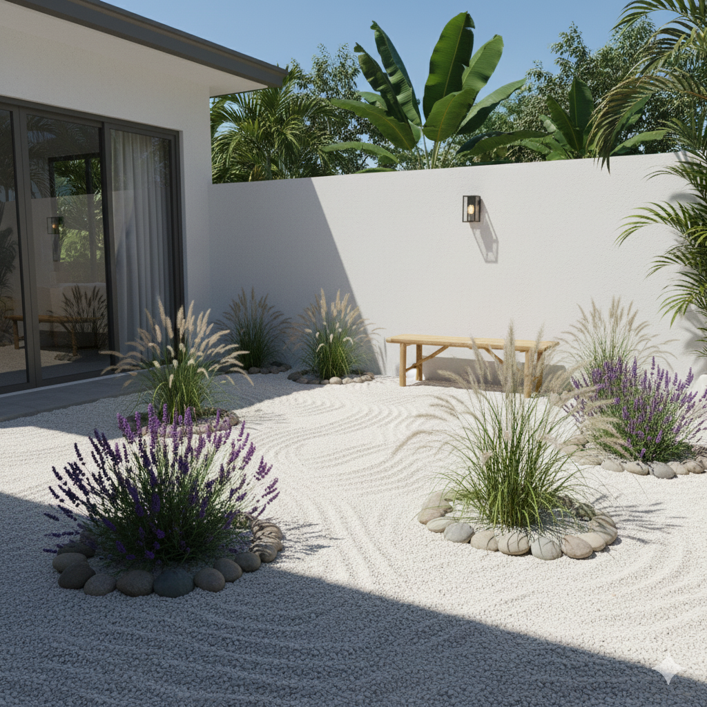A minimalist gravel garden featuring clusters of lavender and ornamental grasses, bordered by smooth river stones and a simple wooden bench.