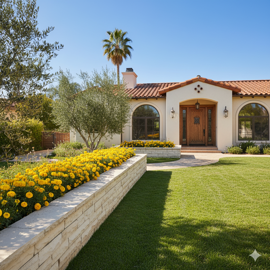 A neatly edged garden border made of stacked stone, lined with yellow marigolds and trimmed grass paths leading toward a front porch.