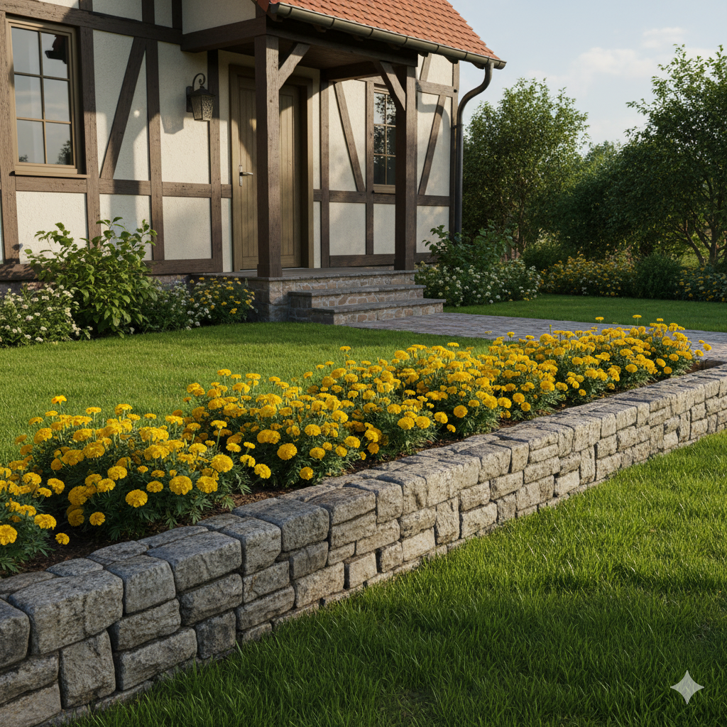 A neatly edged garden border made of stacked stone, lined with yellow marigolds and trimmed grass paths leading toward a front porch.