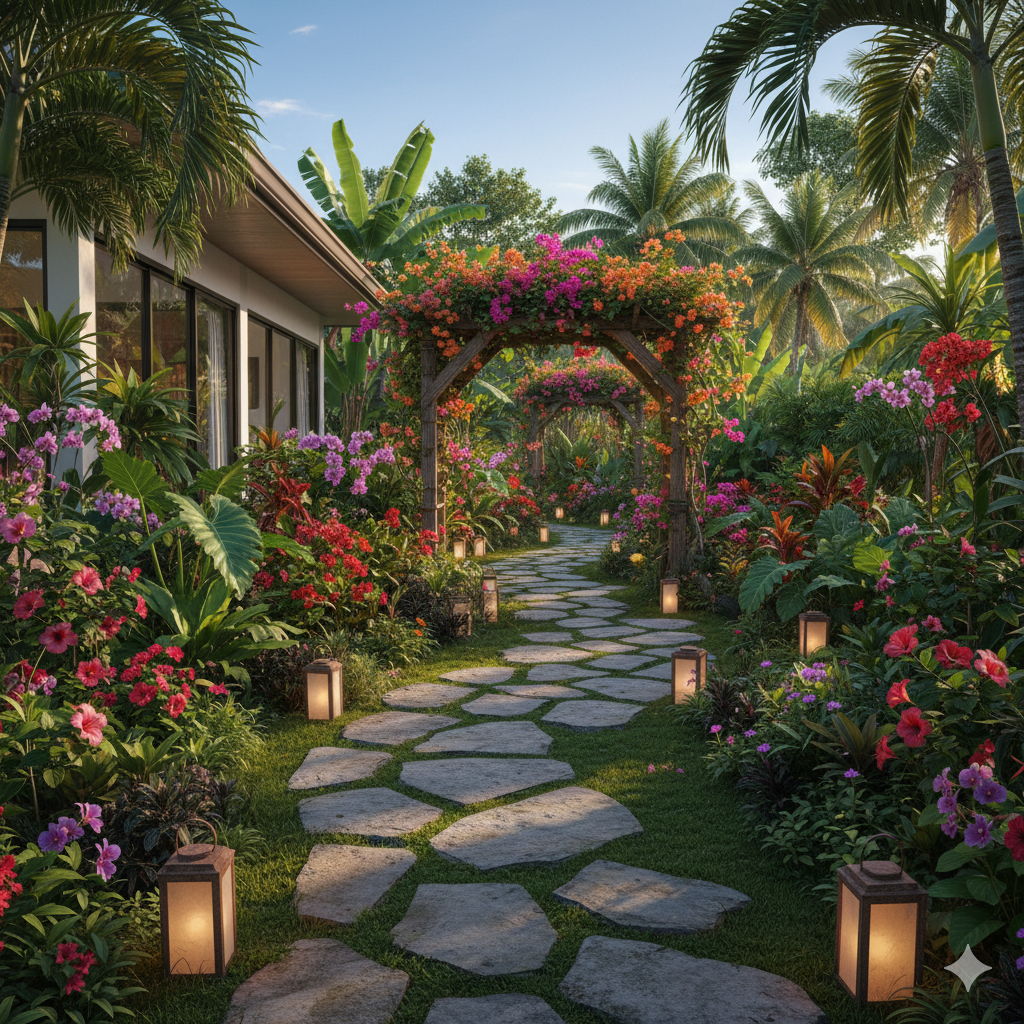 A winding stone path surrounded by small flowering plants and lanterns, leading through a lush green garden toward a wooden arbor.