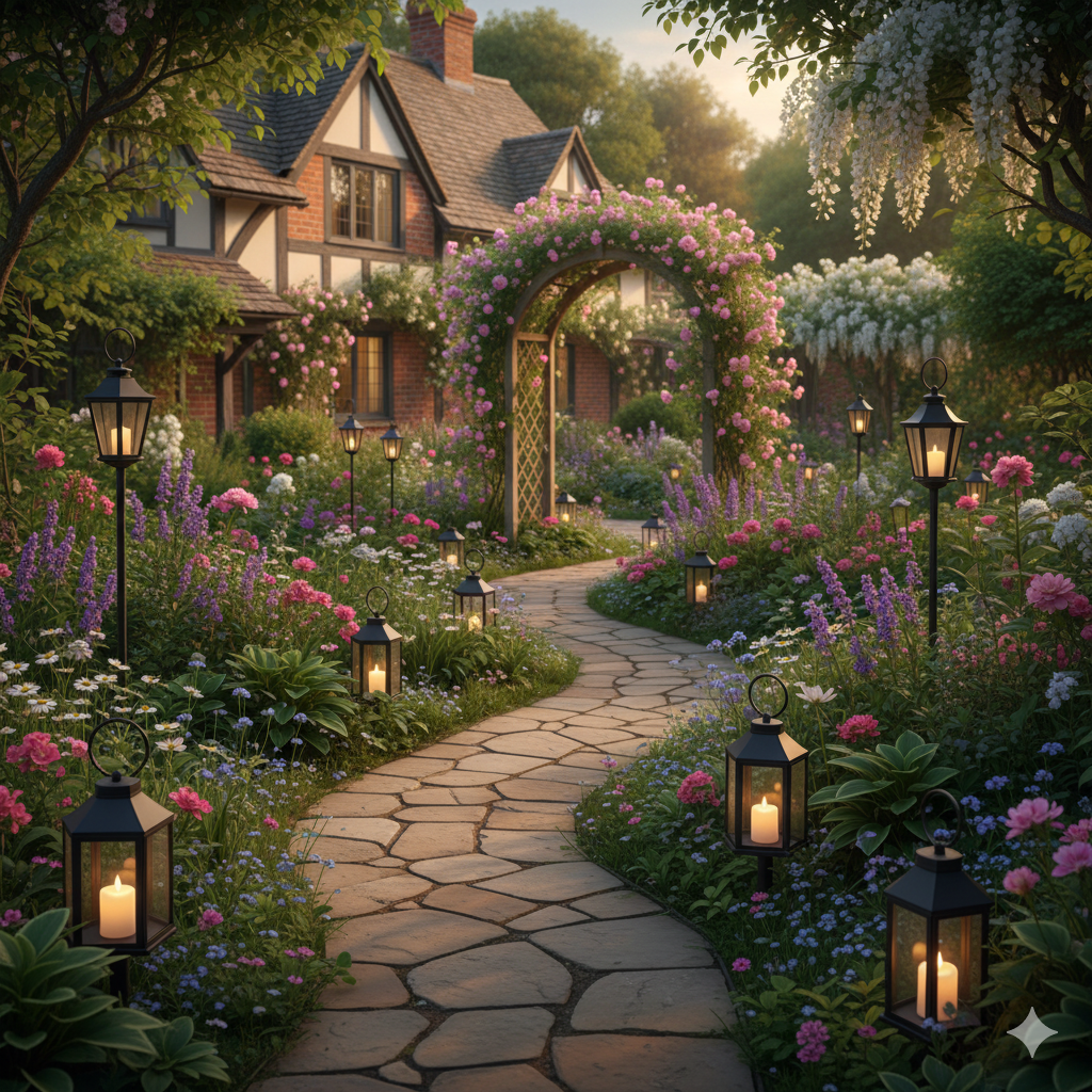 A winding stone path surrounded by small flowering plants and lanterns, leading through a lush green garden toward a wooden arbor.