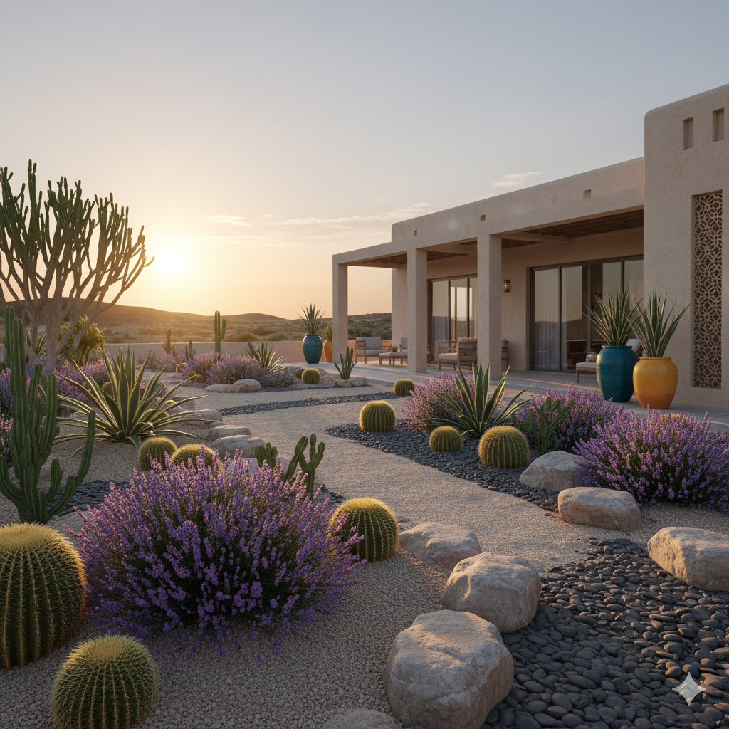 A desert-inspired backyard garden featuring succulents, lavender, and gravel pathways bordered by large stones and ceramic planters.