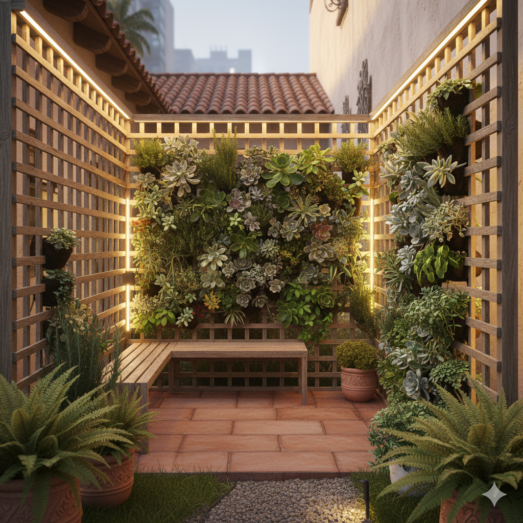 A narrow urban garden with a vertical wall of mixed succulents and herbs, framed by wooden trellises and soft LED lighting for evening charm.