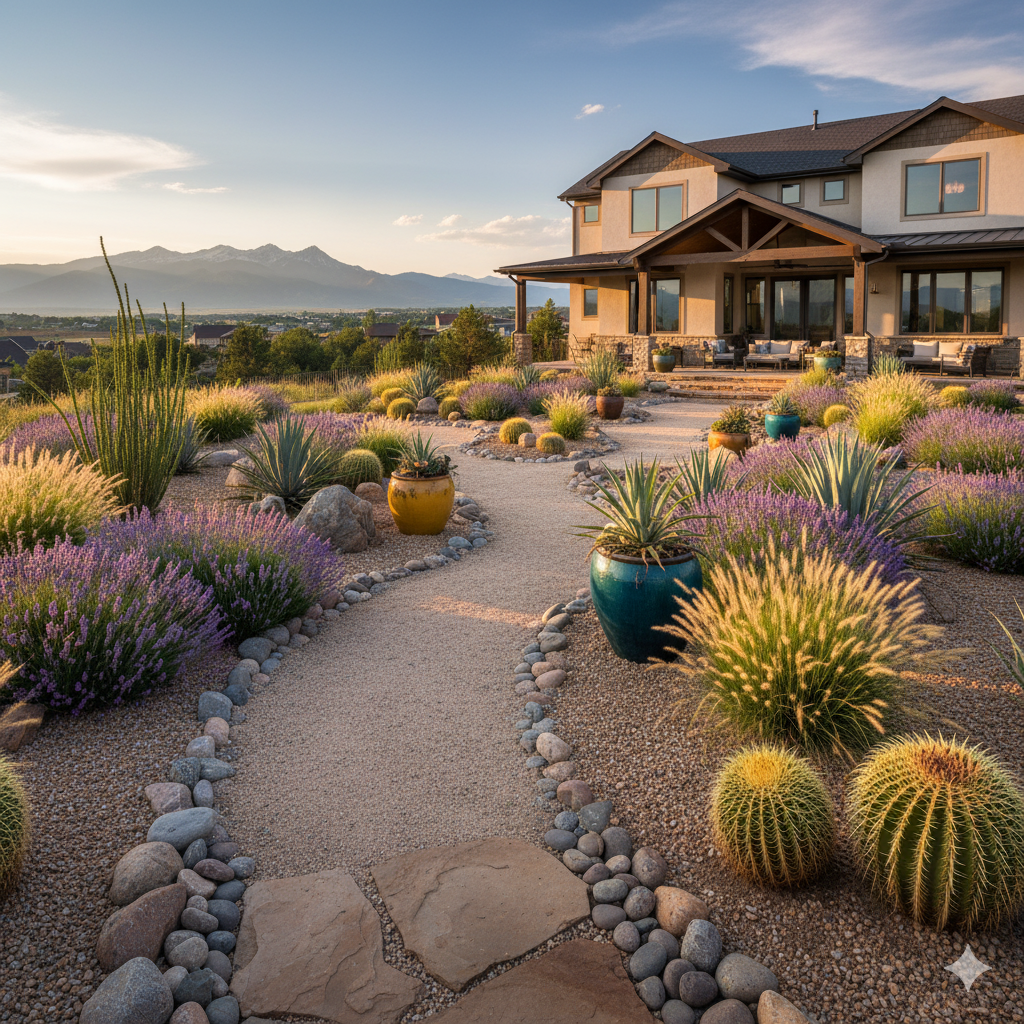 A desert-inspired backyard garden featuring succulents, lavender, and gravel pathways bordered by large stones and ceramic planters.