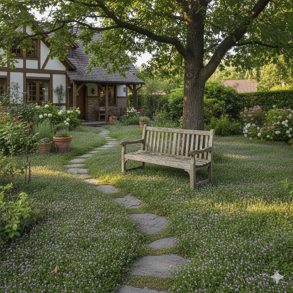 A lush green carpet of creeping thyme dotted with small purple flowers, weaving between stone paths and surrounding a rustic wooden bench under dappled sunlight.