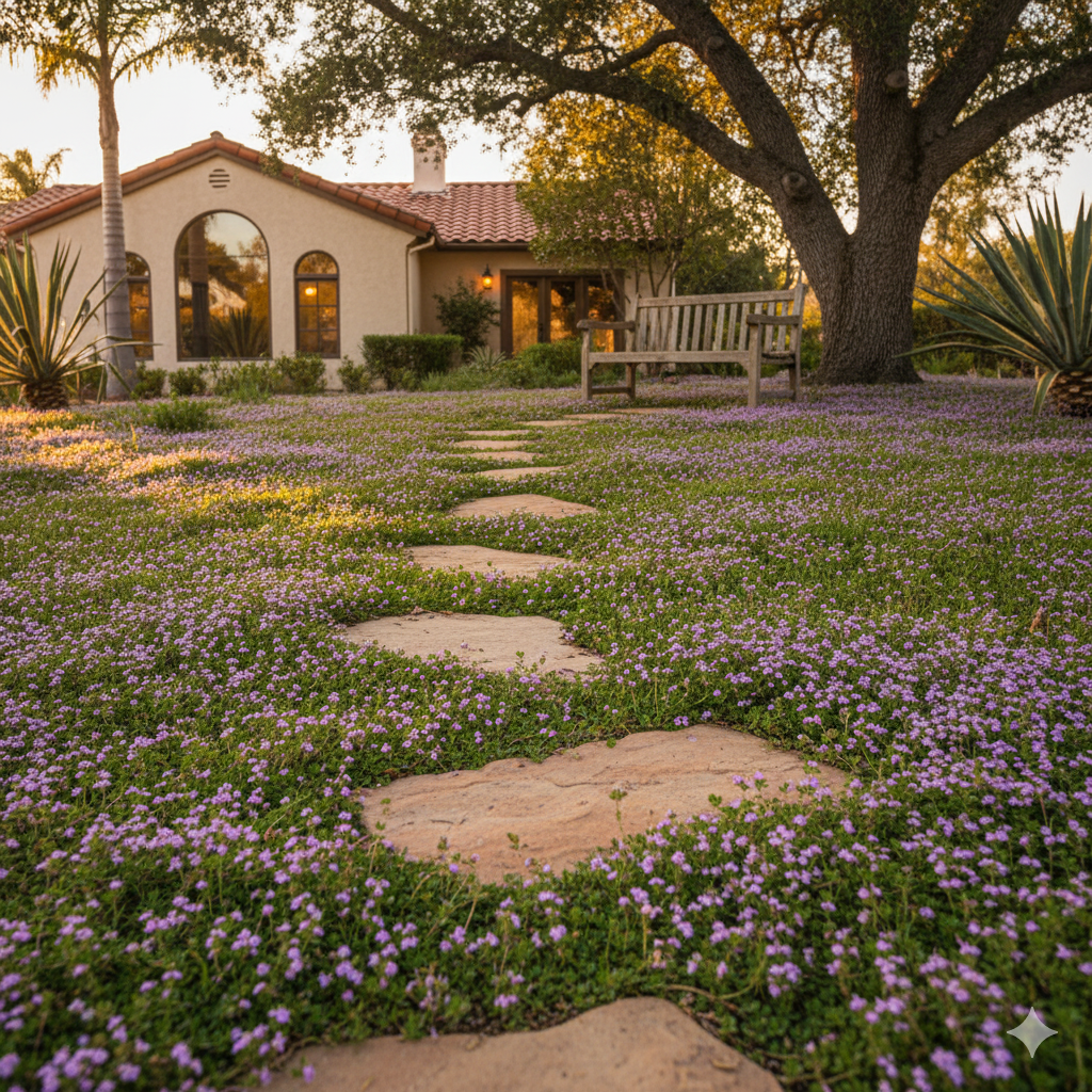 A lush green carpet of creeping thyme dotted with small purple flowers, weaving between stone paths and surrounding a rustic wooden bench under dappled sunlight.