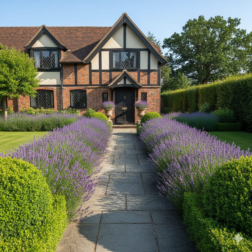A traditional front garden with twin flowerbeds of lavender and boxwood shrubs, framing a stone path leading to a front door with matching planters.