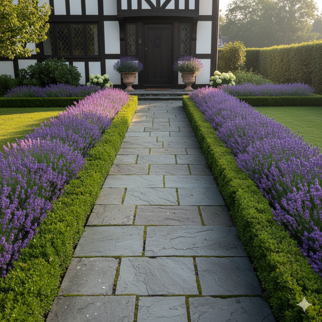 A traditional front garden with twin flowerbeds of lavender and boxwood shrubs, framing a stone path leading to a front door with matching planters.