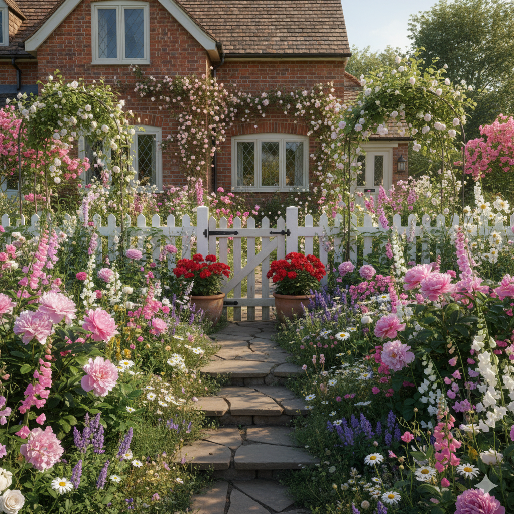 A lush cottage-style garden bursting with pink and white flowers, winding stone paths, and a white picket fence framing the entryway.