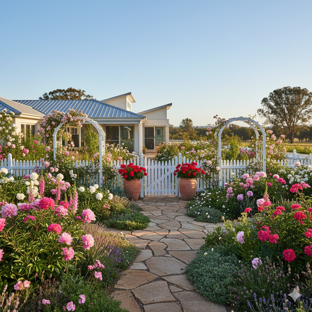 A lush cottage-style garden bursting with pink and white flowers, winding stone paths, and a white picket fence framing the entryway.