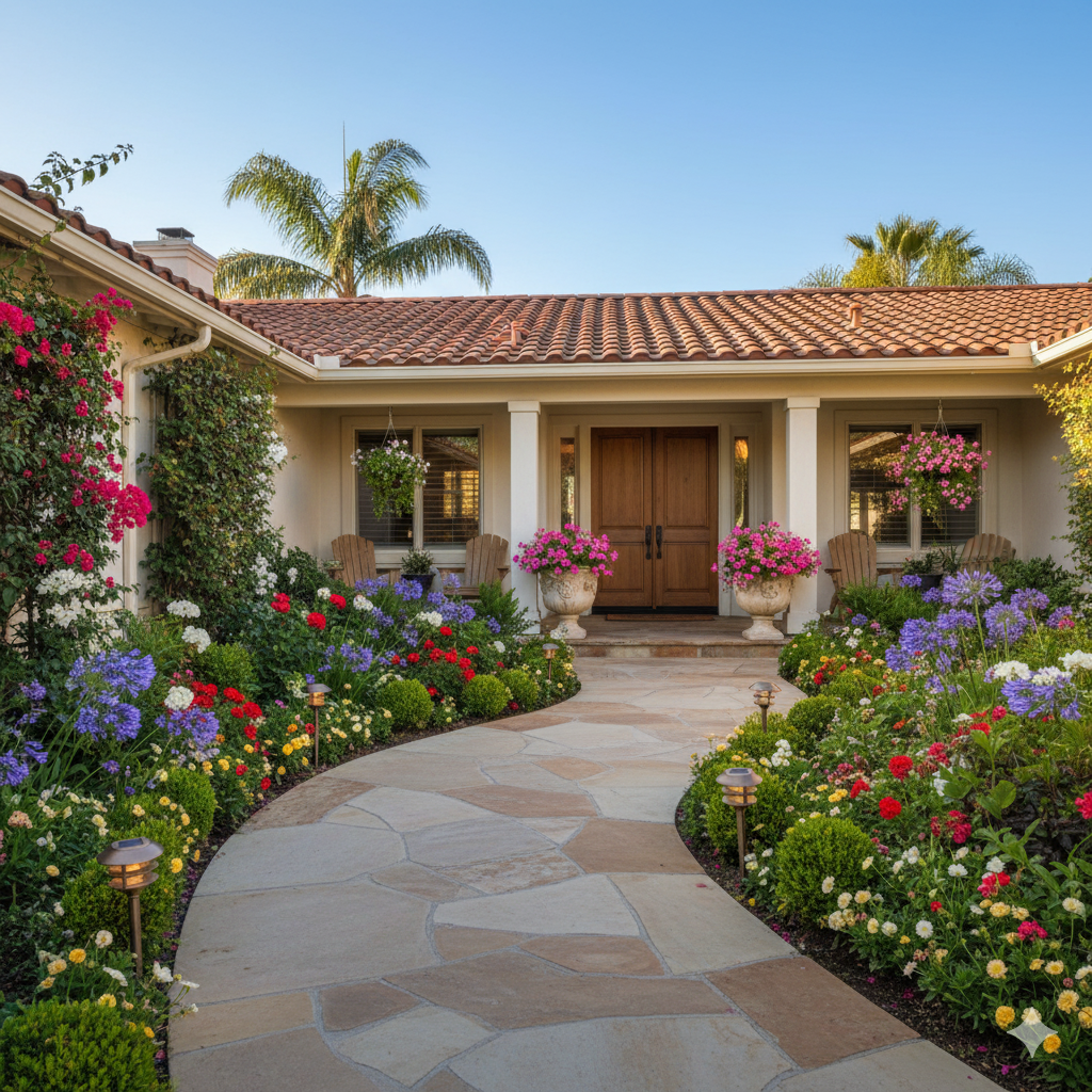 A welcoming front walkway lined with flowering shrubs, solar lights, and curved planting beds filled with seasonal blooms leading to a front porch.