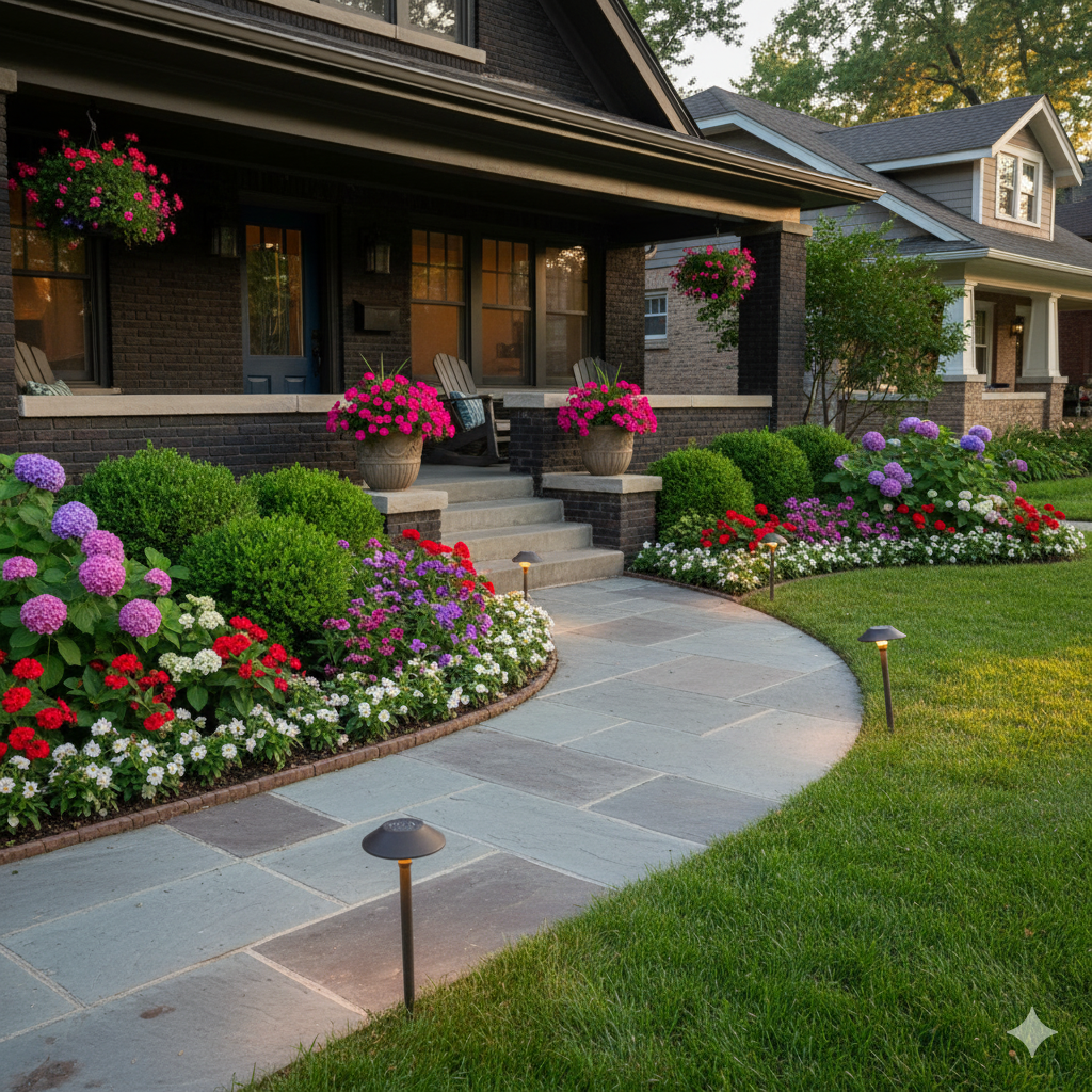 A welcoming front walkway lined with flowering shrubs, solar lights, and curved planting beds filled with seasonal blooms leading to a front porch.