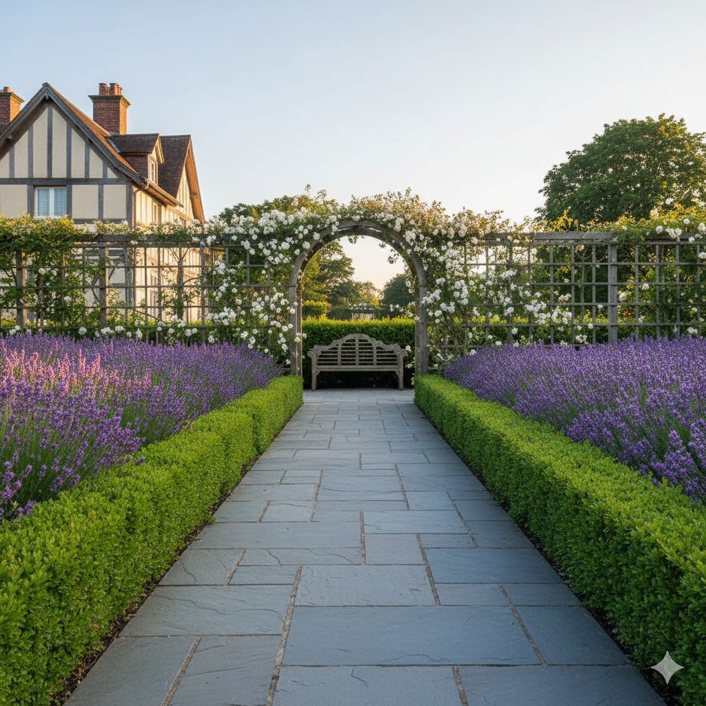 A wide stone path bordered by neatly trimmed hedges and rows of purple lavender, leading to a garden bench beneath an arched trellis.