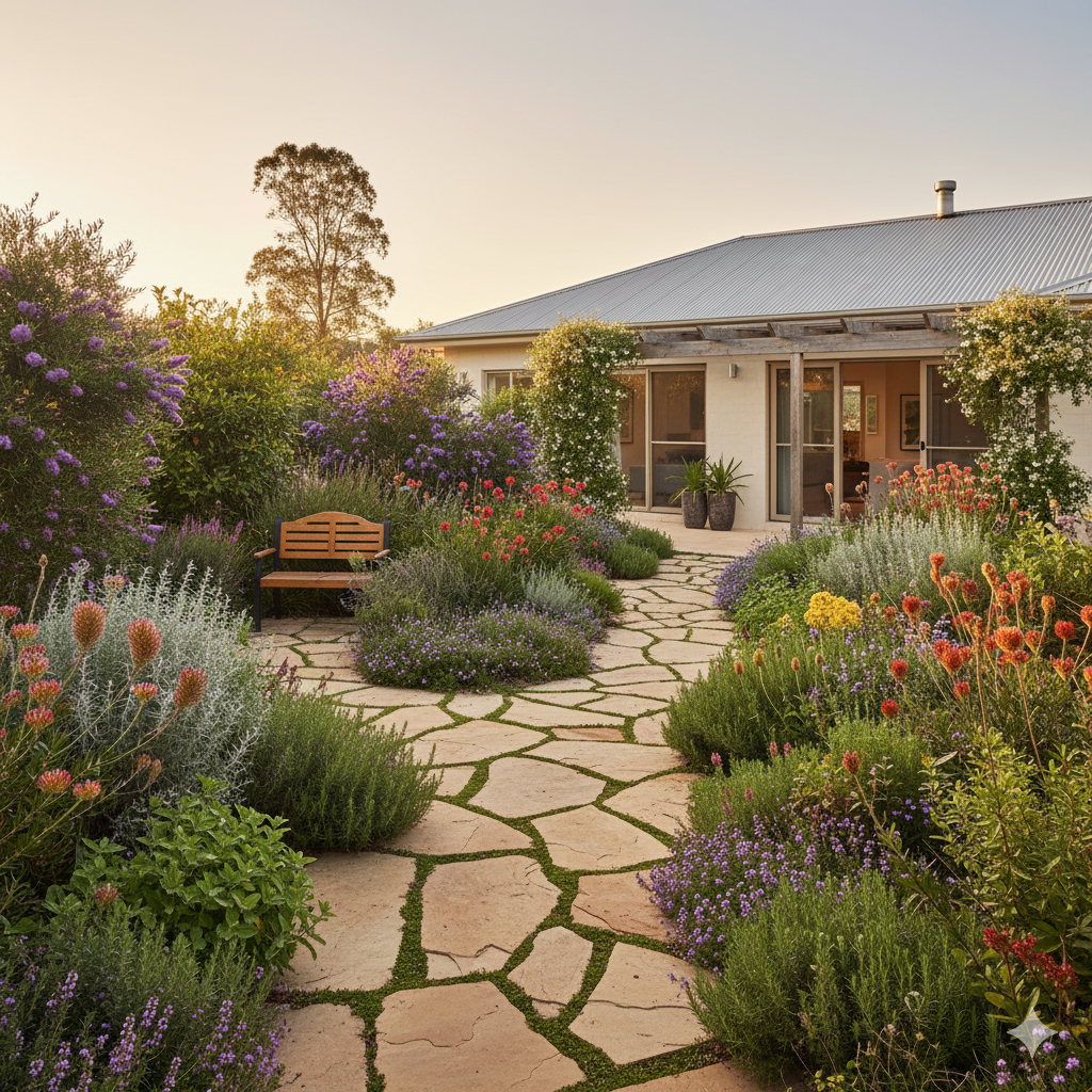 A lush backyard garden featuring curved flower beds, a small wooden bench, and a stone path leading through mixed perennials and herbs.